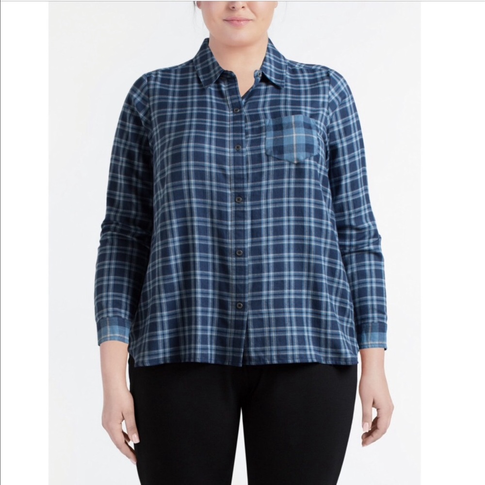 Rebecca Mahoney Blue Plaid Button-Up Shirt Womens Long Sleeve Drapey Soft Top